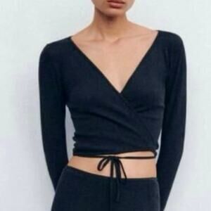 ZARA Dark Gray Ribbed Wrap Crop Top XS | Long Sleeve Tie Front